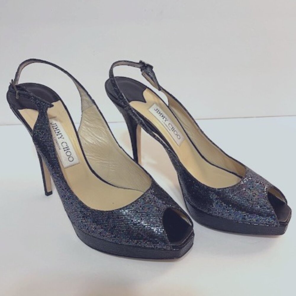 Jimmy Choo London Navy/Purple Glitter Platform Peep Toe Pumps - Sz. 39 1/2/US 9
